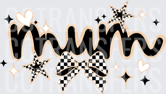 Retro Mum Script Checkered Bow Stars Sparkles Hearts DTF