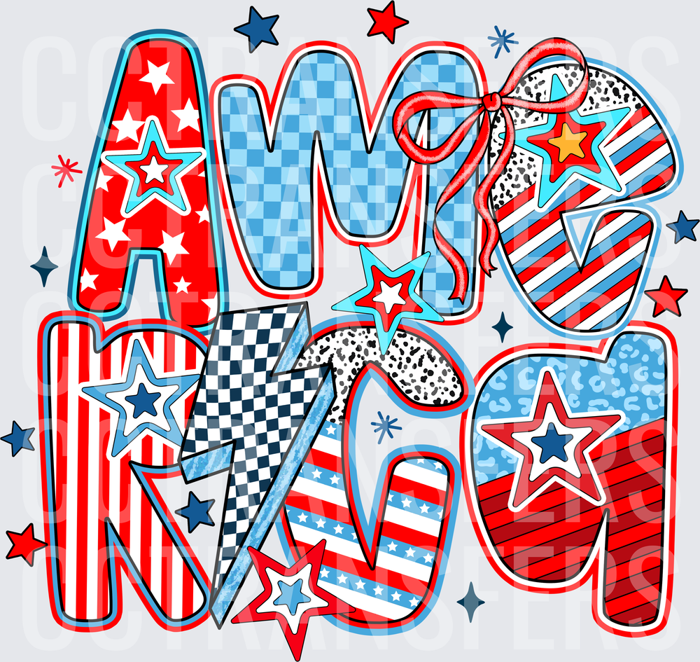 Patriotic America Patterned Doodle Letter Design (DTF)