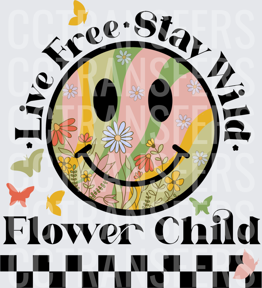 Live Free Stay Wild Flower Child Retro Smiley Face (DTF)