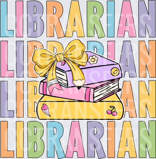 Librarian Stacked Books With Gold Bow Pastel Text (DTF)
