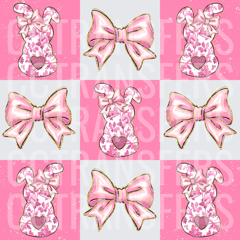 Pink Floral Bunny & Puffy Bow Checker Pattern (DTF)