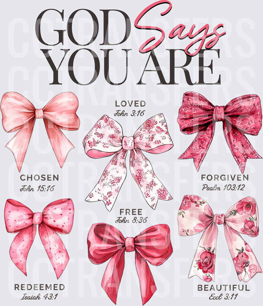 God Says You Are Loved Chosen Forgiven Pink Bows (DTF)