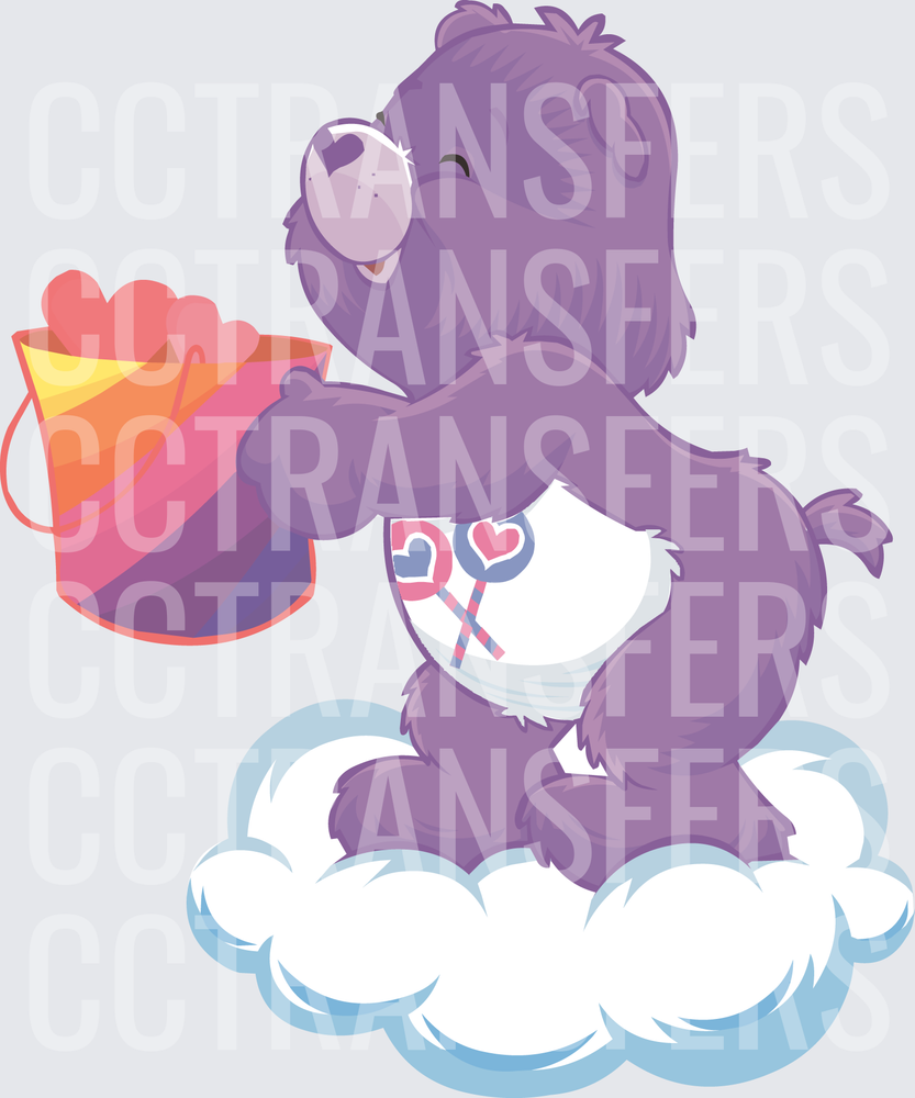 Purple Bear on Cloud Holding Rainbow Heart Bucket (DTF)