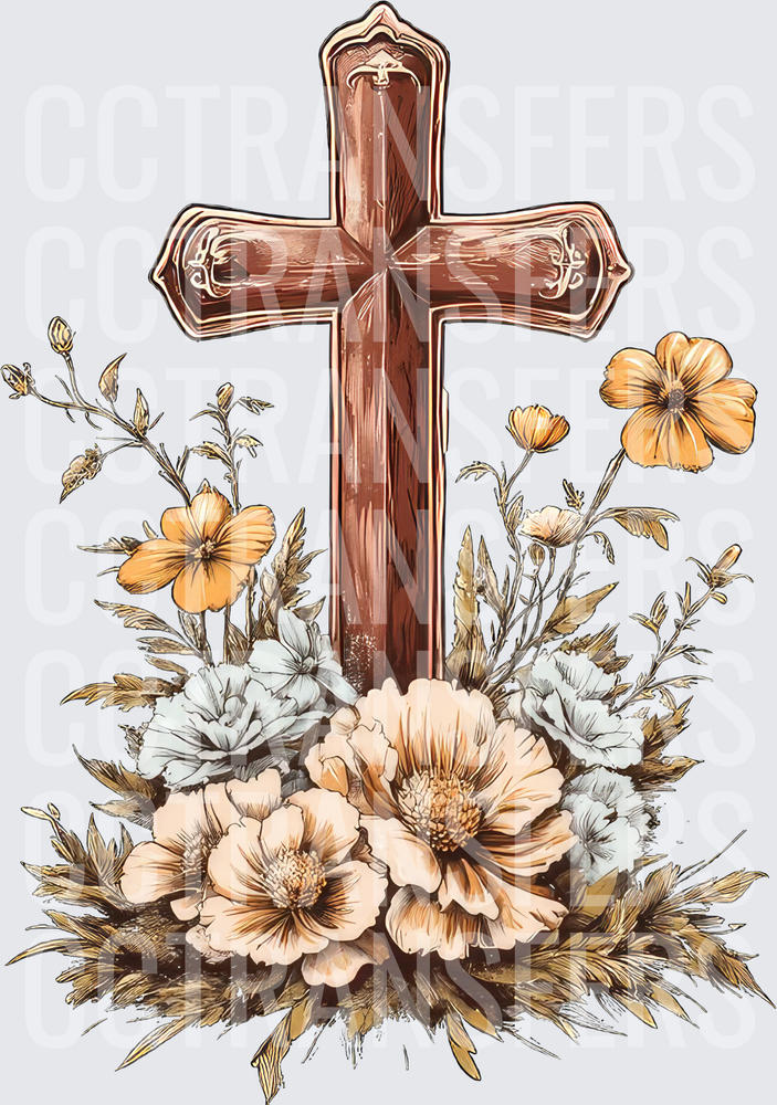 Rustic Wooden Cross With Wildflowers Floral Arrangement (DTF)