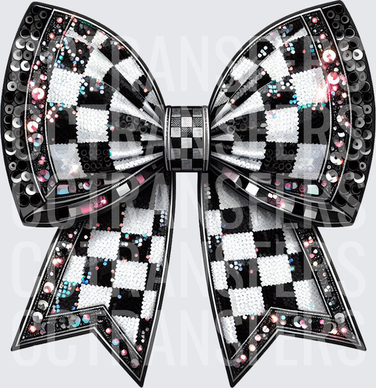 Black White Checkered Sequin Rhinestone Bow (DTF)