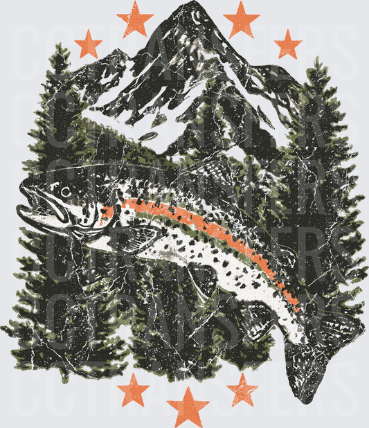 Vintage Rainbow Trout Mountain Pine Trees Stars (DTF)
