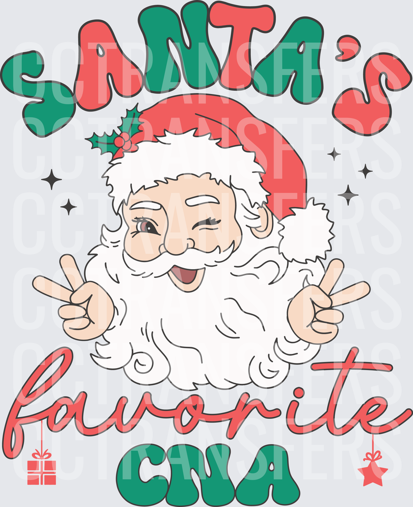 Santa's Favorite CNA Winking Santa Peace Signs (DTF)