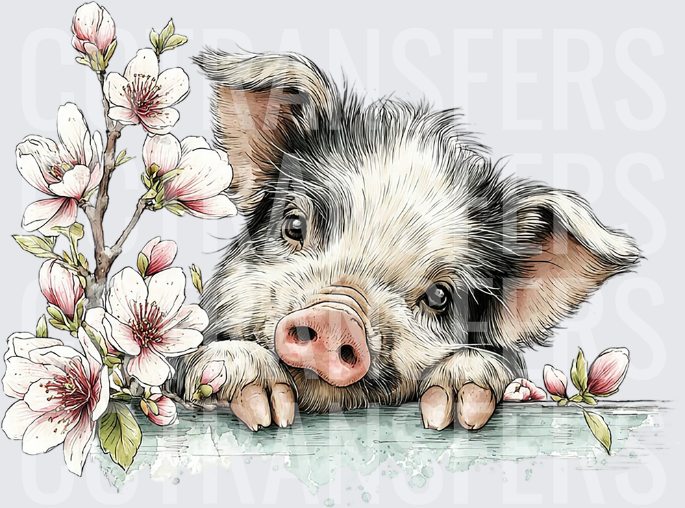 Fluffy Piglet Peeking Over Ledge With Cherry Blossoms (DTF)