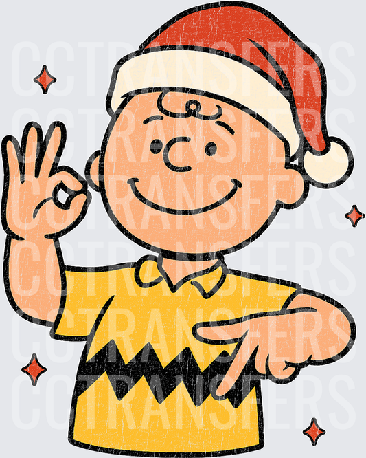Charlie Brown Santa Hat OK Gesture Christmas Sparkles (DTF)