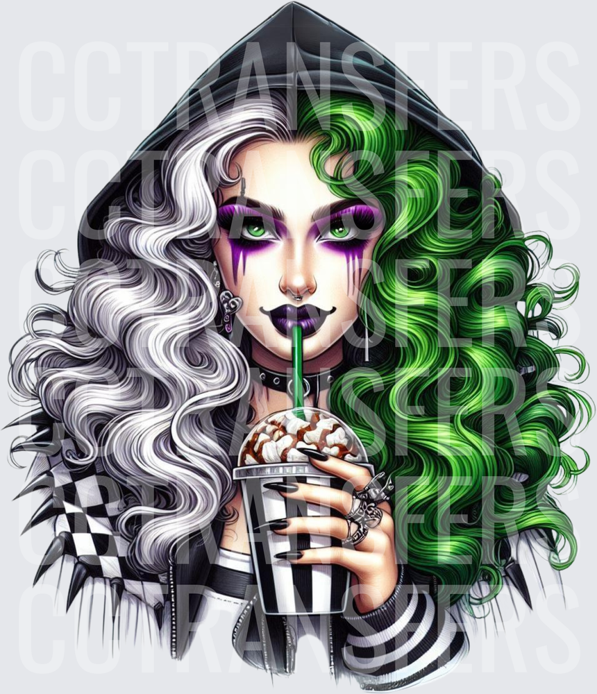 Goth Girl Split Hair Iced Coffee Black Hood (DTF)
