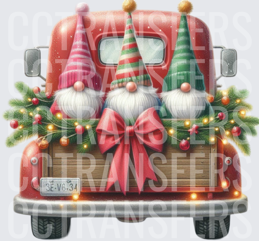 Three Holiday Gnomes in Festive Red Truck with Bow (DTF)