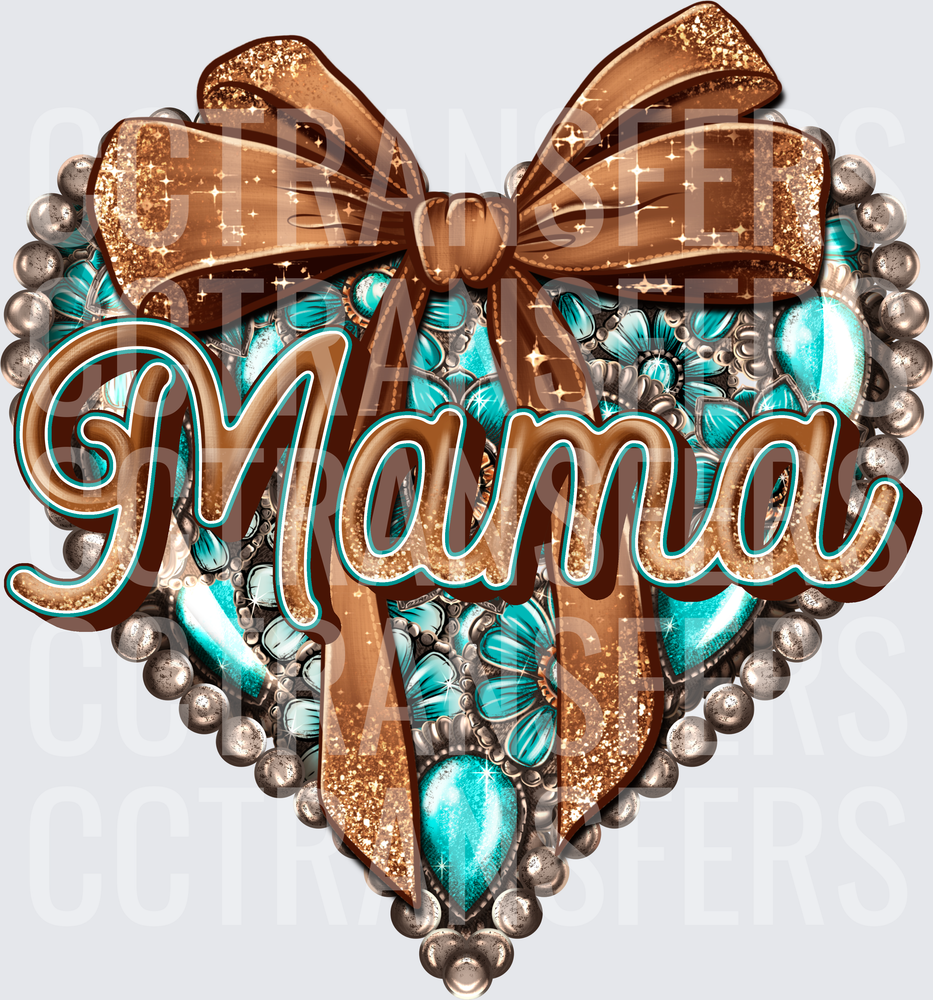 Mama Turquoise Floral Glitter Heart Brown Bow (DTF)