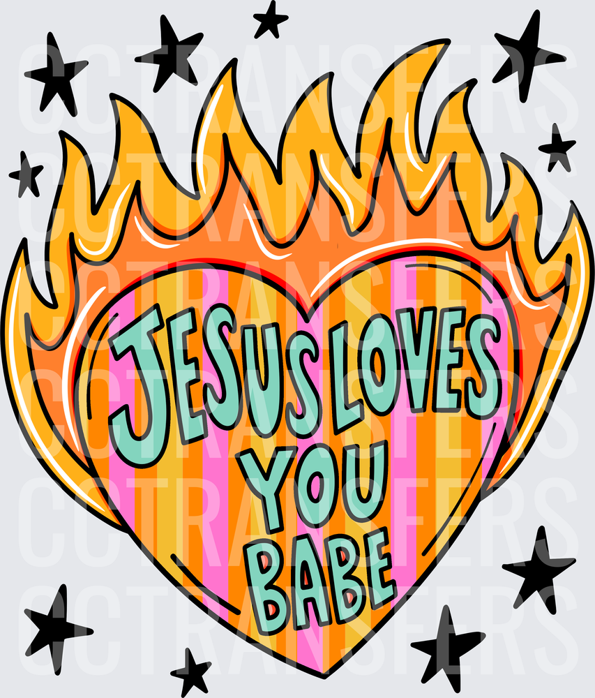 Jesus Loves You Babe Flaming Striped Heart Stars (DTF)