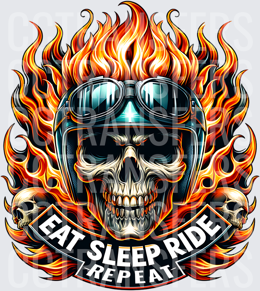 Flaming Biker Skull Helmet Goggles Eat Sleep Ride Repeat (DTF)