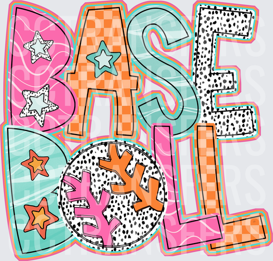 Retro Baseball Stacked Letters Dalmatian Print Stars (DTF)