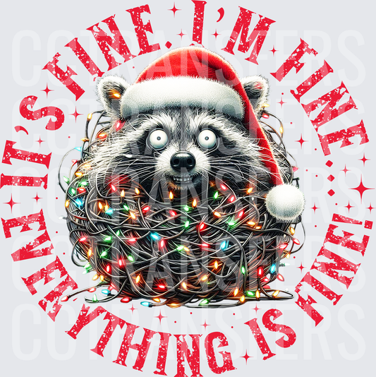 It's Fine I'm Fine Everything Is Fine Raccoon Santa Tangled Christmas Lights (DTF)