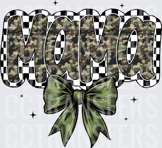 Mama Camo Checkered Letters Green Bow Sparkles (DTF)
