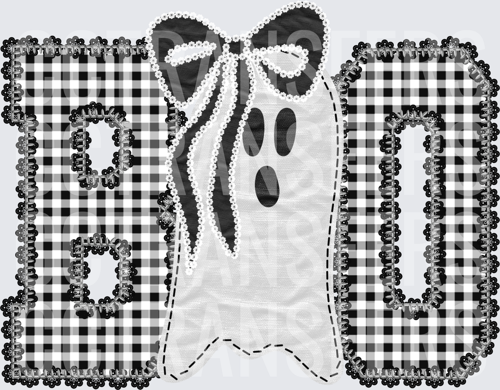 Black White Buffalo Plaid BOO Ghost with Coquette Bow (DTF)