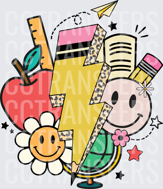 Retro School Supplies Lightning Bolt Smiley Faces (DTF)
