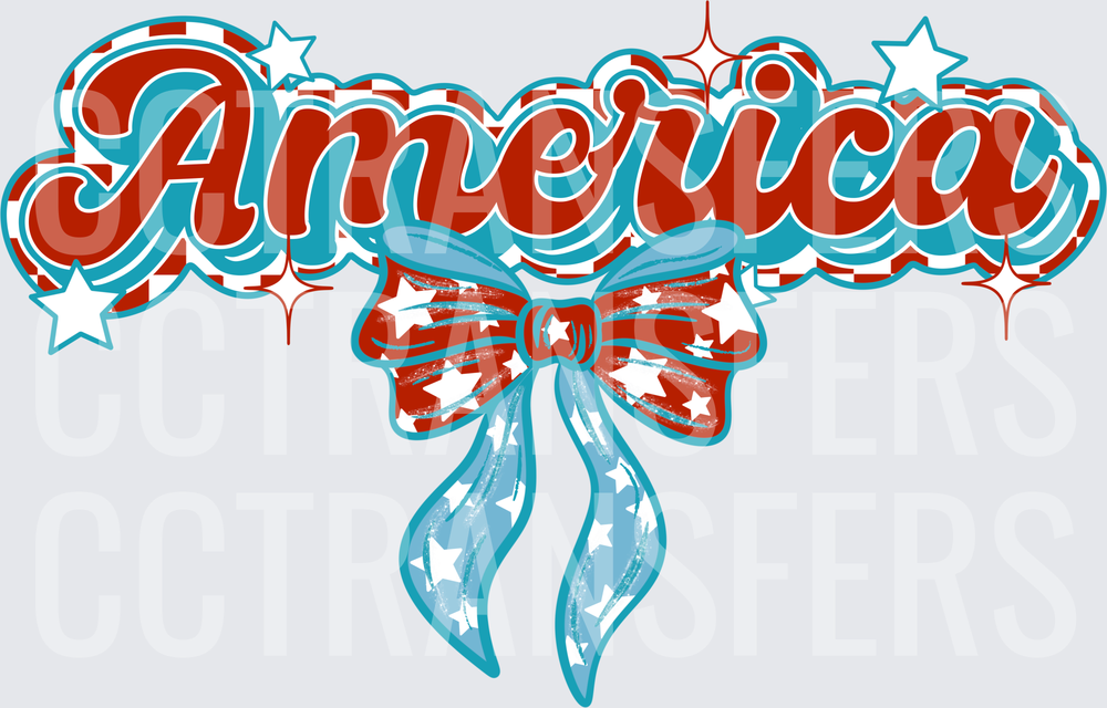 America Retro Script with Patriotic Stars Bow (DTF)