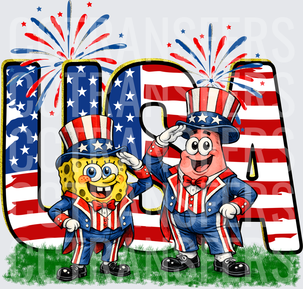 USA Patriotic Cartoon Sponge & Star Friend Uncle Sam Salute (DTF)
