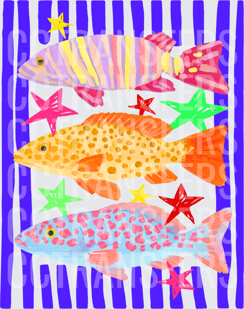 Colorful Tropical Fish with Stars Blue Stripe Background (DTF)