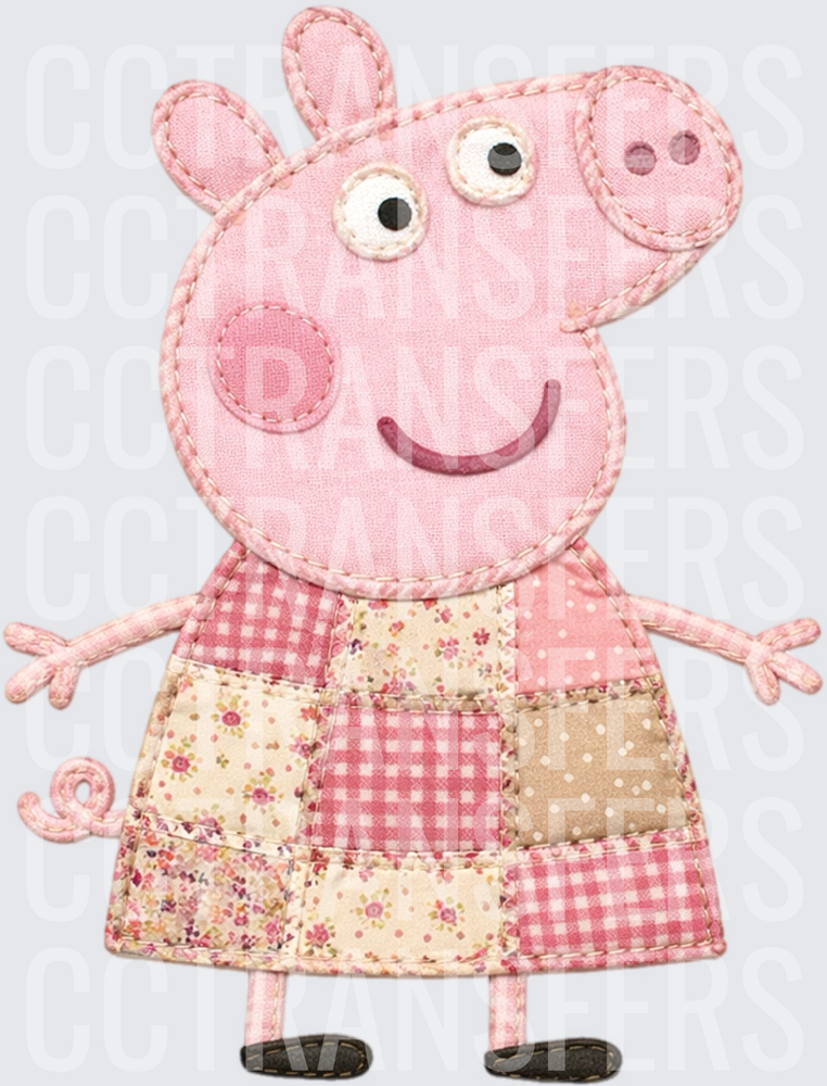 Patchwork Quilt Pink Pig Character Appliqué Style (DTF)
