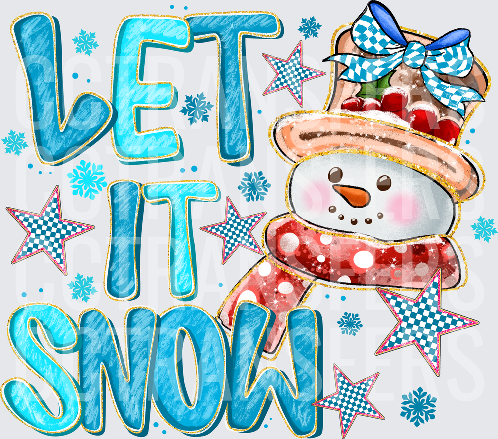 Let It Snow Cute Snowman Blue Checkered Bow Stars (DTF)
