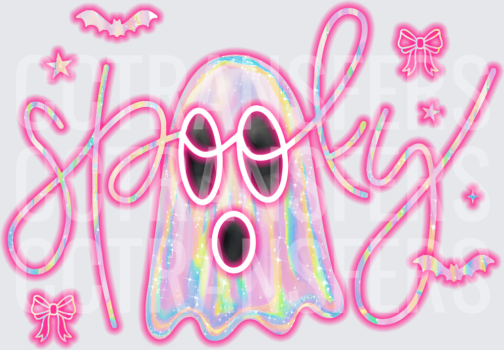 Spooky Holographic Ghost Pink Bow Bat Halloween (DTF)