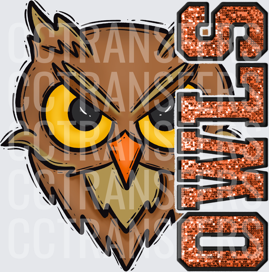 Fierce Owl Mascot Face Glitter Orange OWLS Text (DTF)