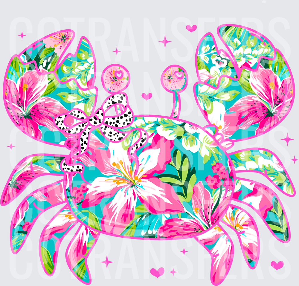 Preppy Floral Crab with Dalmatian Bow Pink Teal (DTF)