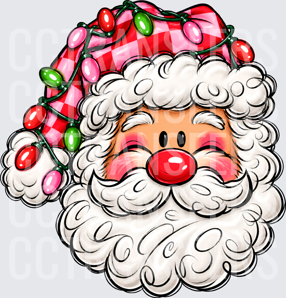 Jolly Santa Face Pink Checkered Hat Christmas Lights (DTF)