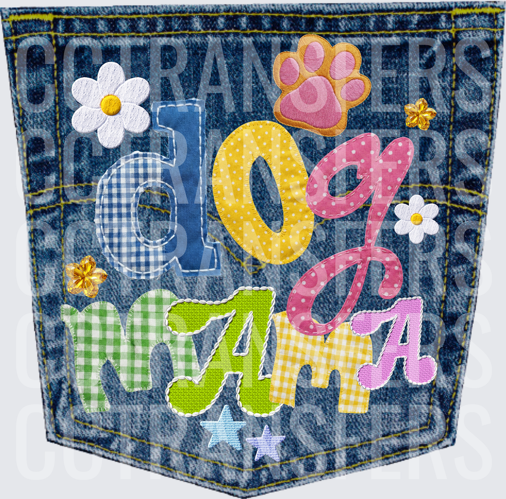 Dog Mama Patchwork Denim Pocket Paw Print Floral (DTF)