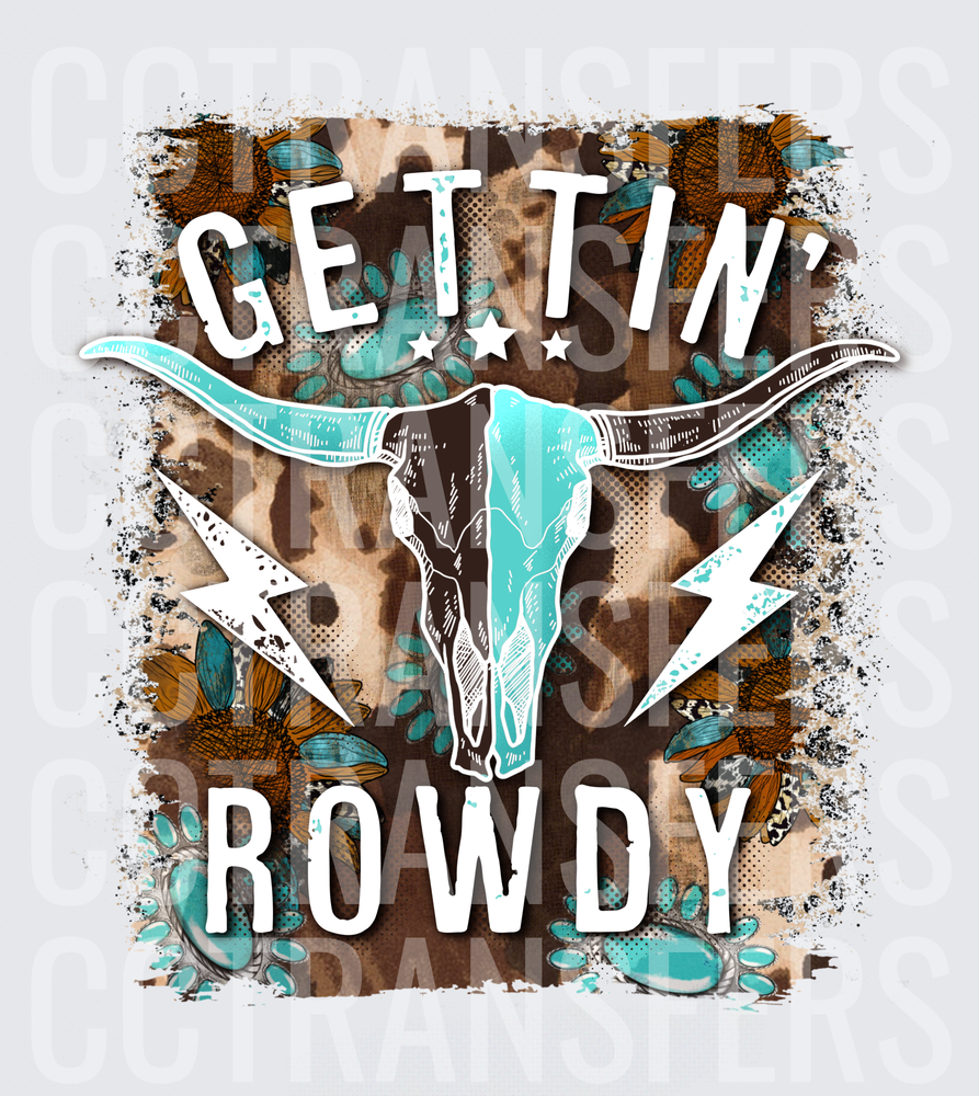 Gettin' Rowdy Longhorn Skull Cowhide Turquoise Lightning (DTF)