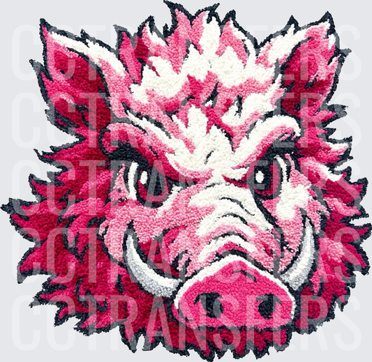 Fierce Razorback Hog Face Pink Mascot Embroidery Style (DTF)