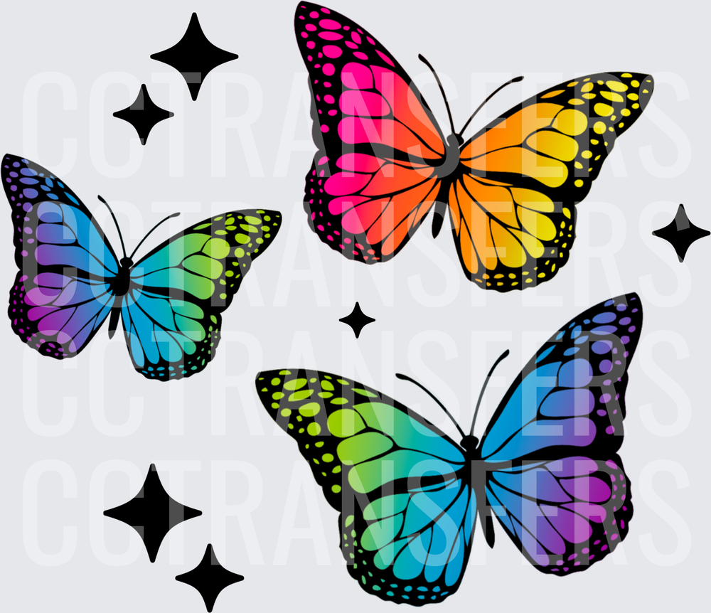 Colorful Rainbow Butterfly Trio with Sparkle Stars (DTF)