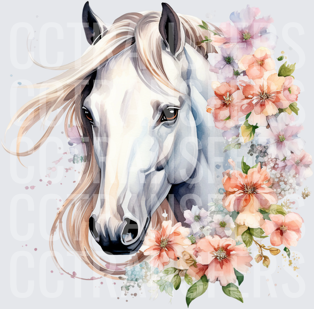 Watercolor White Horse Portrait with Peach Floral Blooms (DTF)