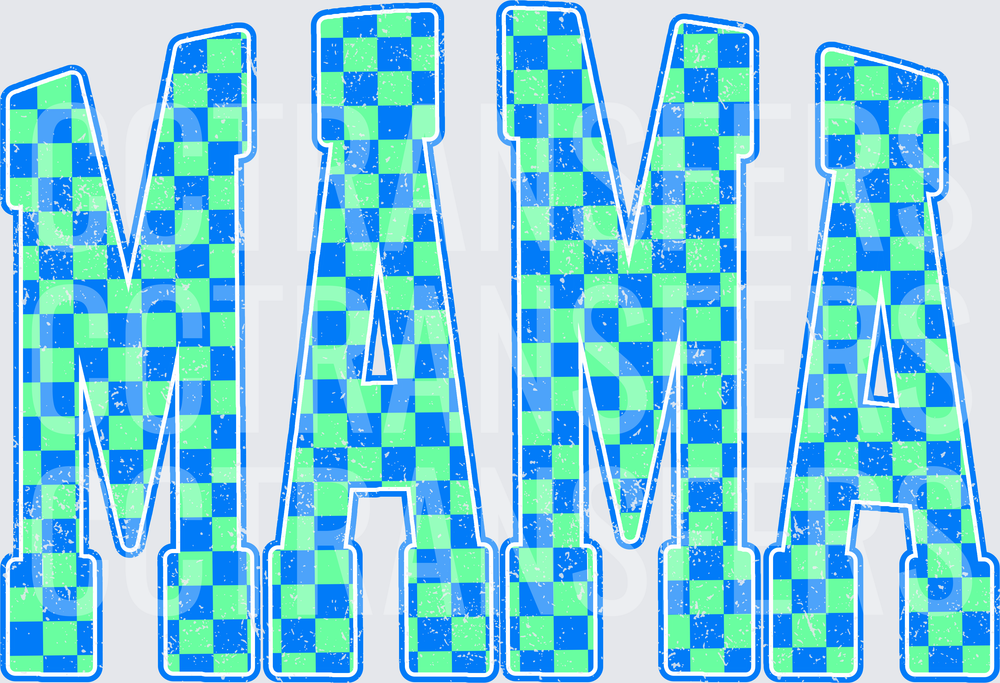 Mama Blue Green Checkered Distressed Block Letters (DTF)