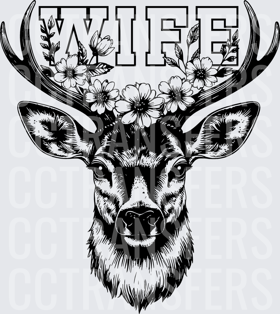 Wife Floral Deer Buck Head Portrait Black (DTF)