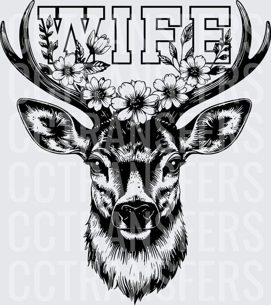 Wife Floral Deer Buck Head Portrait Black (DTF)