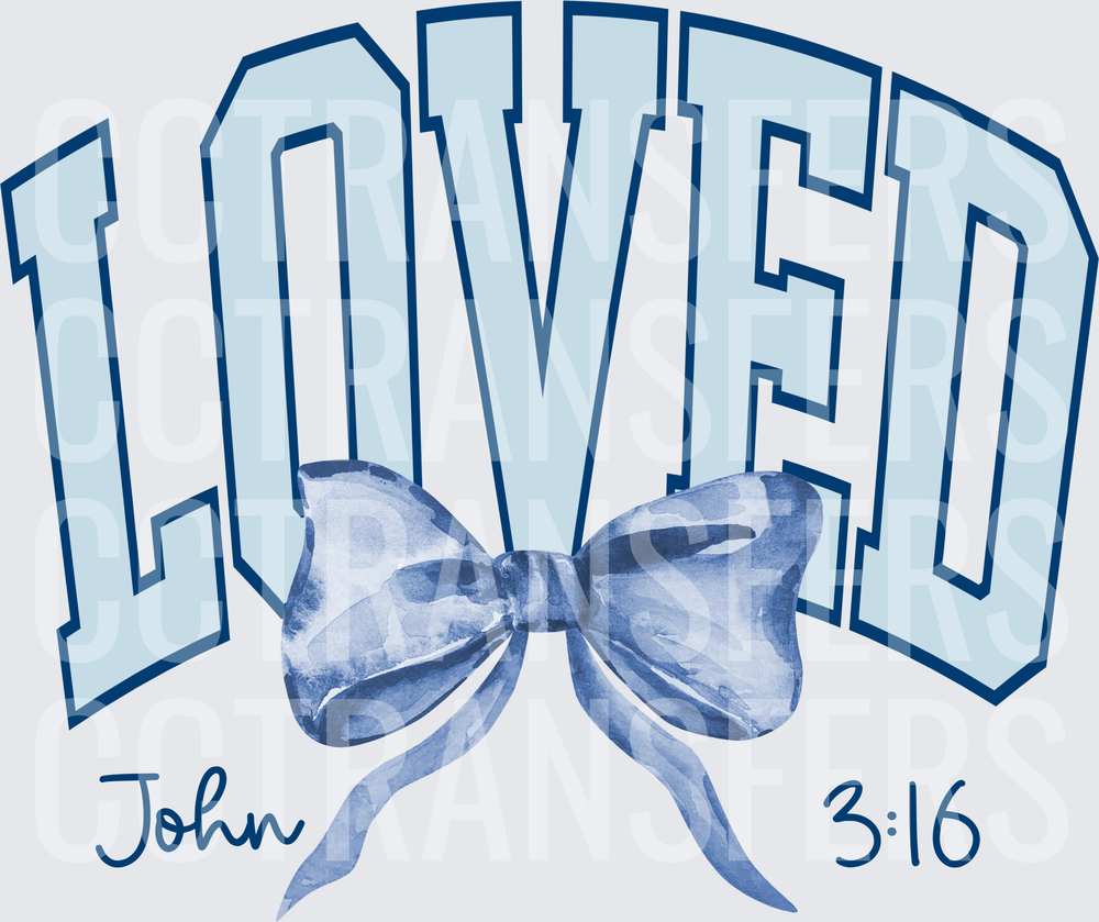 Loved John 3:16 Arched Varsity Letters Blue Bow (DTF)
