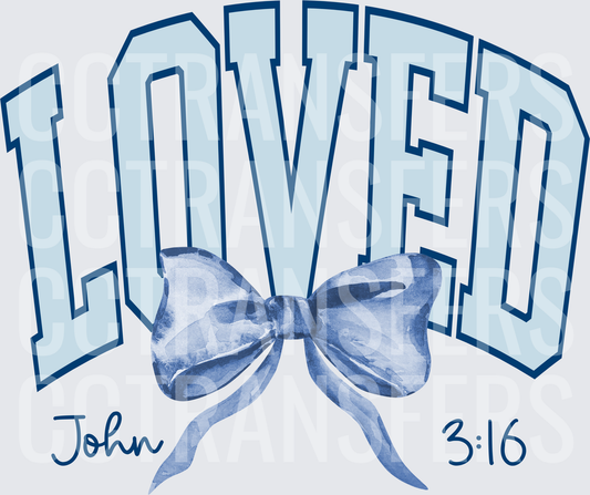 Loved John 3:16 Arched Varsity Letters Blue Bow (DTF)