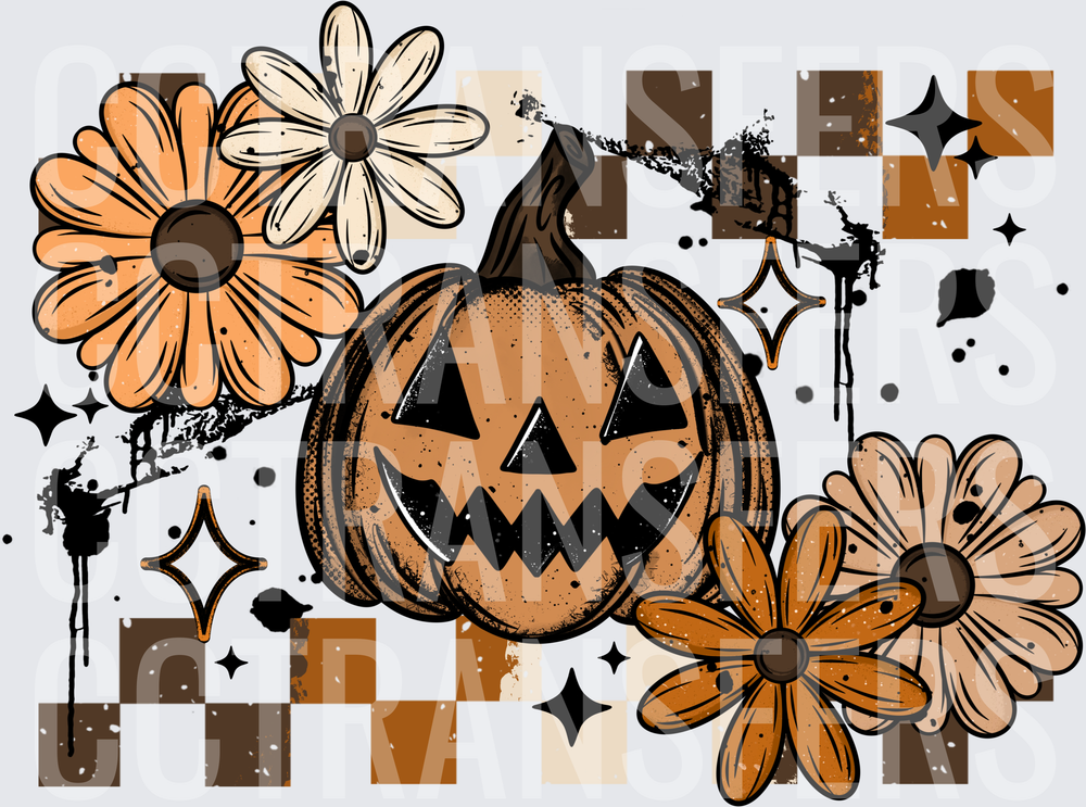 Retro Halloween Jack-O-Lantern Floral Checkered Grunge (DTF)