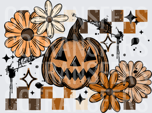 Retro Halloween Jack-O-Lantern Floral Checkered Grunge (DTF)