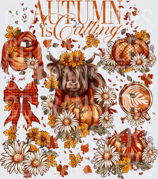 Autumn Is Calling Highland Cow Pumpkin Fall Floral (DTF)