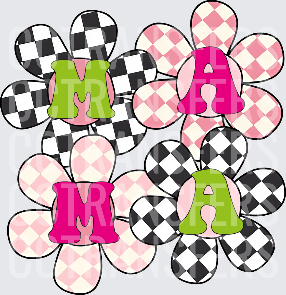 Retro Checkered Daisy Flowers MAMA Letter Design (DTF)