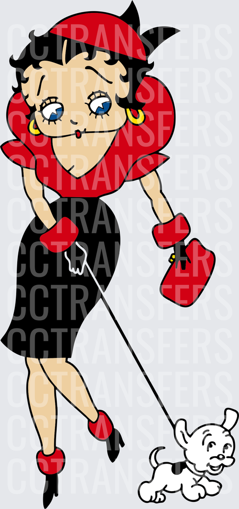 Vintage Cartoon Pin-Up Girl Walking Small Dog on Leash (DTF)