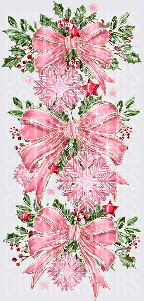 Pink Glitter Christmas Bows Holly Berries Snowflakes (DTF)