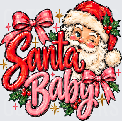Santa Baby Winking Santa Holly Bows Sparkles (DTF)