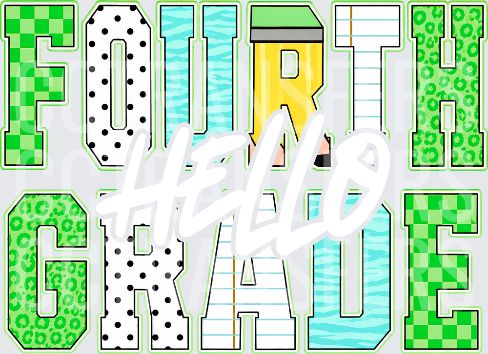 Fourth Grade Patterned Block Letters Green (DTF)